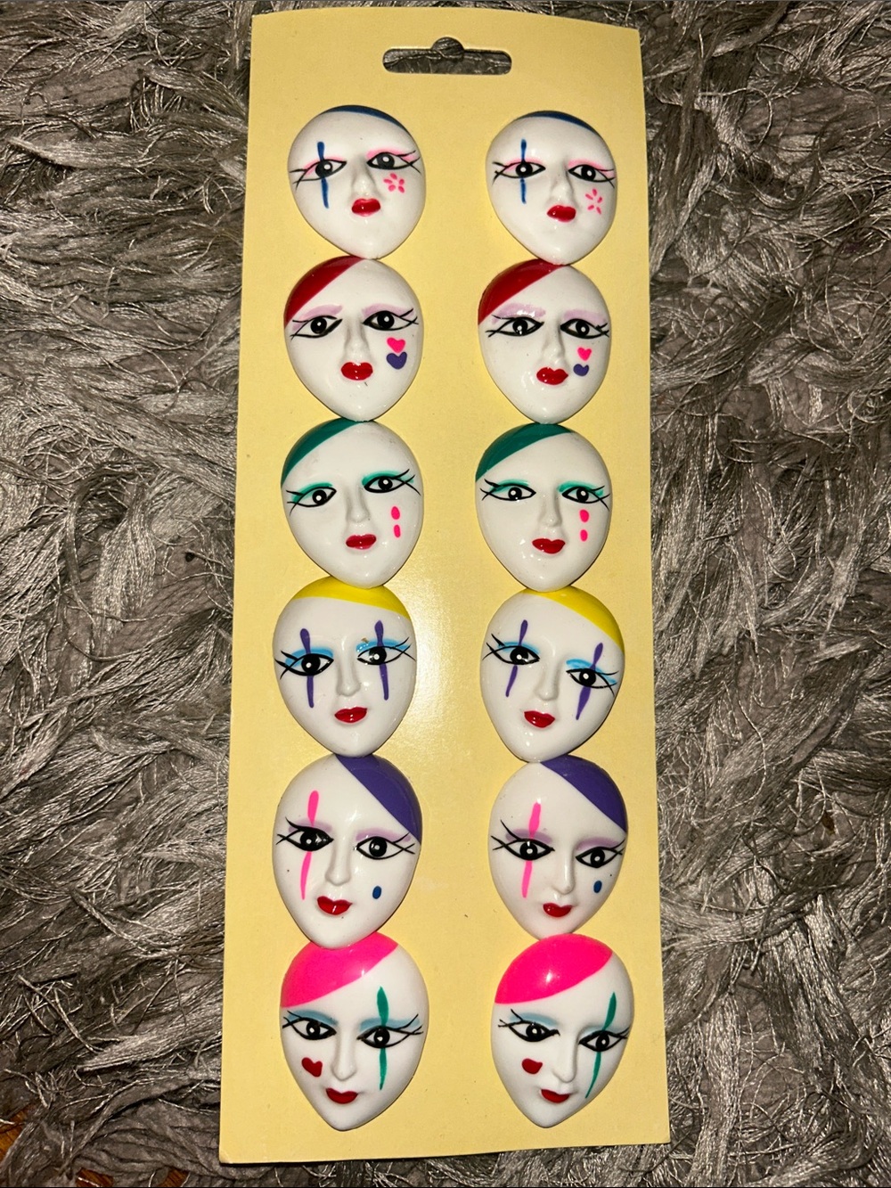 Vintage Novelty White Face Brooch with Multicolor Accents